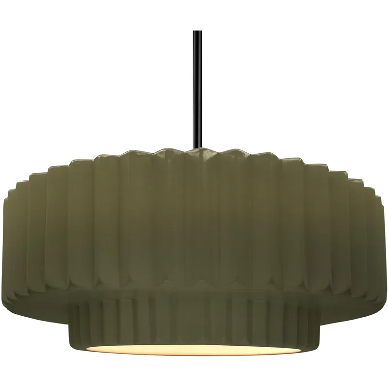 Radiance Collection - Pleated Tier Pendant Ceiling Light in Matte Black, Black Cord, Replaceable Bulb, Matte Green, 16.25W x 6H, Form+Finish+Function