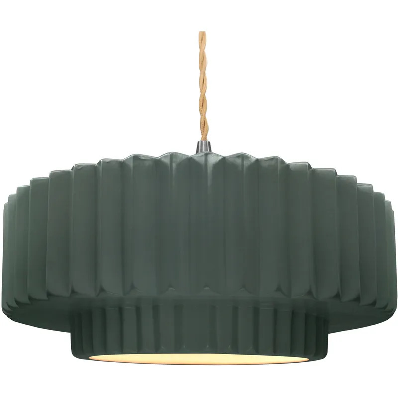 Radiance Collection - Pleated Tier Pendant Ceiling Light in Brushed Nickel, Dedicated LED, Beige Twist Cord, Pewter Green, 16.25W x 6H, Form+Finish+Function