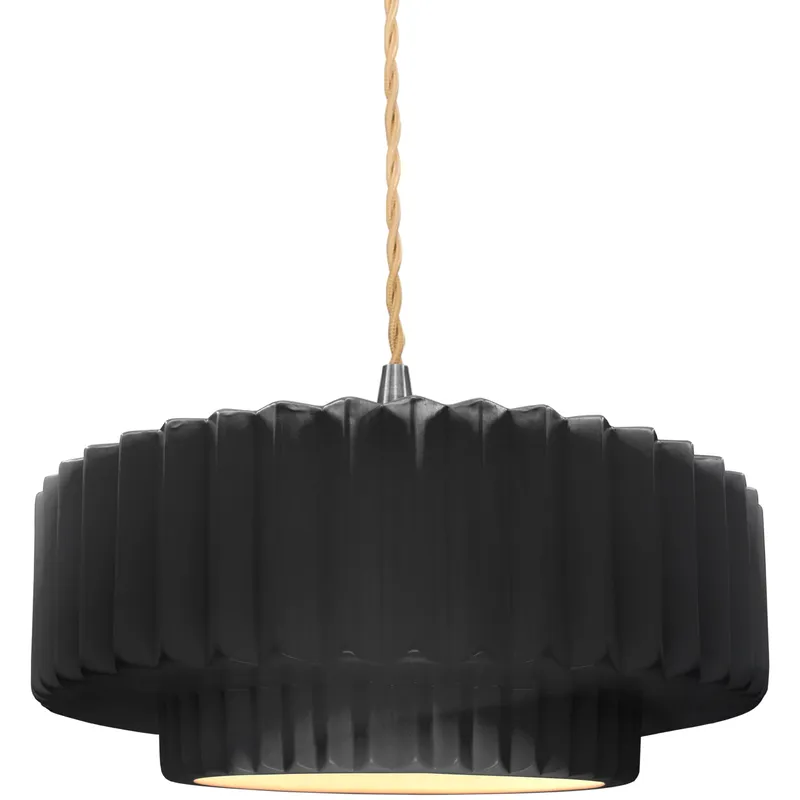 Radiance Collection - Pleated Tier Pendant Ceiling Light in Brushed Nickel, Dedicated LED, Beige Twist Cord, Gloss Black/Matte White, 14.5W x 5.25H, Form+Finish+Function