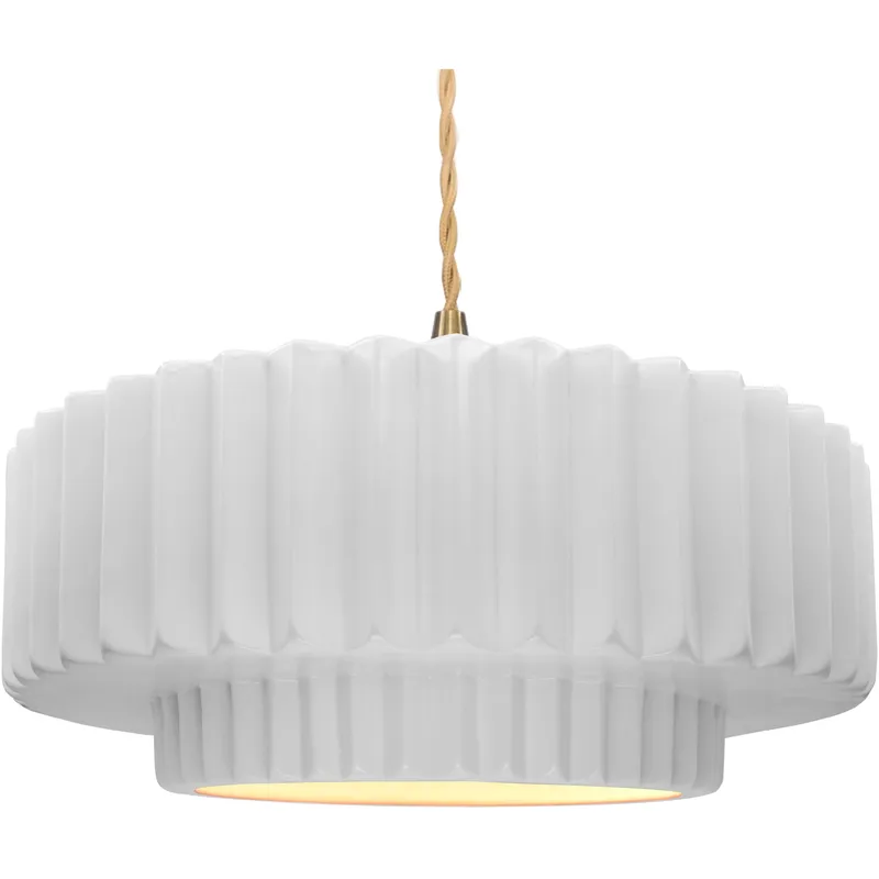 Radiance Collection - Pleated Tier Pendant Ceiling Light in Brushed Brass, Replaceable Bulb, Beige Twist Cord, Gloss White (outside and inside of fixture), 16.25W x 6H, Form+Finish+Function