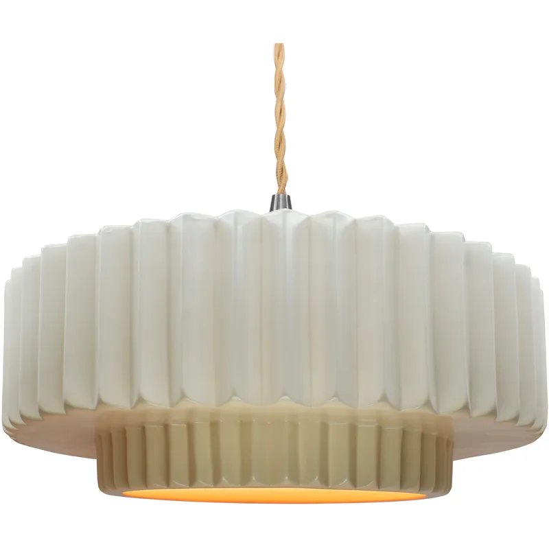 Radiance Collection - Pleated Tier Pendant Ceiling Light in Brushed Nickel, Dedicated LED, Beige Twist Cord, Matte White/Champagne Gold, 16.25W x 6H, Form+Finish+Function
