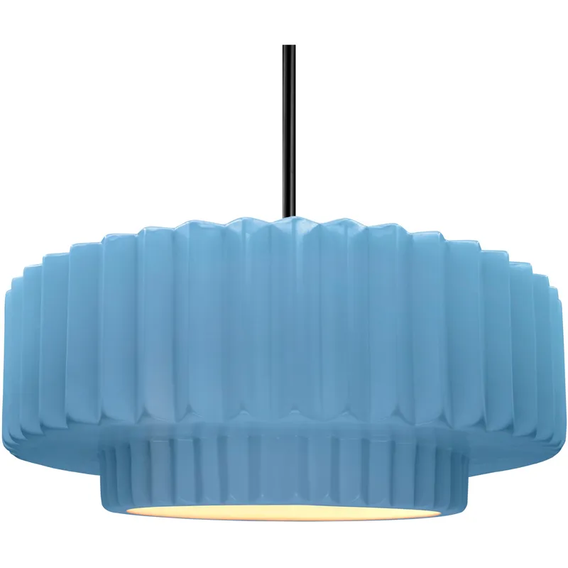 Radiance Collection - Pleated Tier Pendant Ceiling Light in Matte Black, Black Cord, Replaceable Bulb, Sky Blue, 16.25W x 6H, Form+Finish+Function