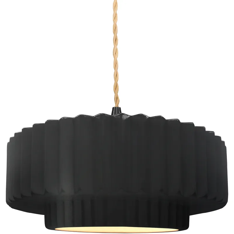 Radiance Collection - Pleated Tier Pendant Ceiling Light in Matte Black, Dedicated LED, Beige Twist Cord, Carbon Matte Black, 14.5W x 5.25H, Form+Finish+Function