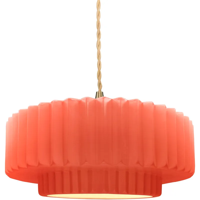 Radiance Collection - Pleated Tier Pendant Ceiling Light in Brushed Brass, Replaceable Bulb, Beige Twist Cord, Gloss Blush, 14.5W x 5.25H, Form+Finish+Function