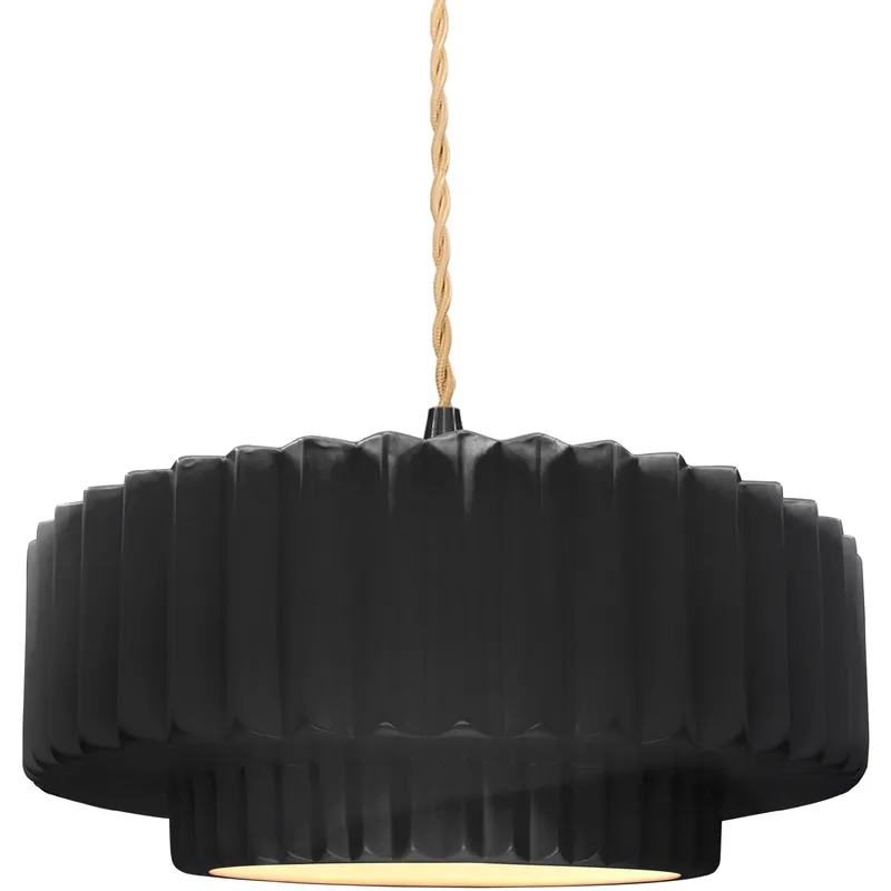 Radiance Collection - Pleated Tier Pendant Ceiling Light in Matte Black, Dedicated LED, Beige Twist Cord, Gloss Black, 14.5W x 5.25H, Form+Finish+Function