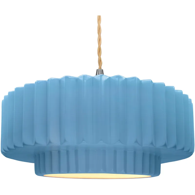 Radiance Collection - Pleated Tier Pendant Ceiling Light in Brushed Nickel, Dedicated LED, Beige Twist Cord, Sky Blue, 16.25W x 6H, Form+Finish+Function