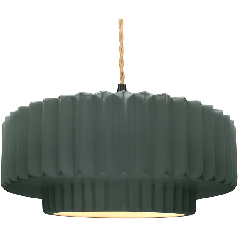 Radiance Collection - Pleated Tier Pendant Ceiling Light in Matte Black, Dedicated LED, Beige Twist Cord, Pewter Green, 16.25W x 6H, Form+Finish+Function
