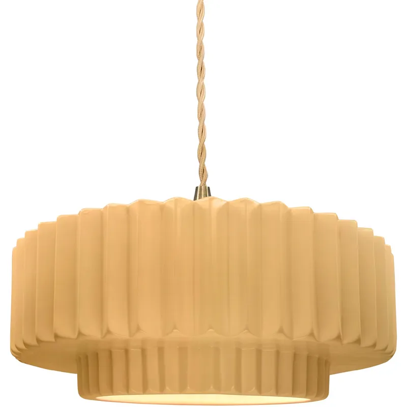 Radiance Collection - Pleated Tier Pendant Ceiling Light in Brushed Brass, Dedicated LED, Beige Twist Cord, Muted Yellow, 14.5W x 5.25H, Form+Finish+Function