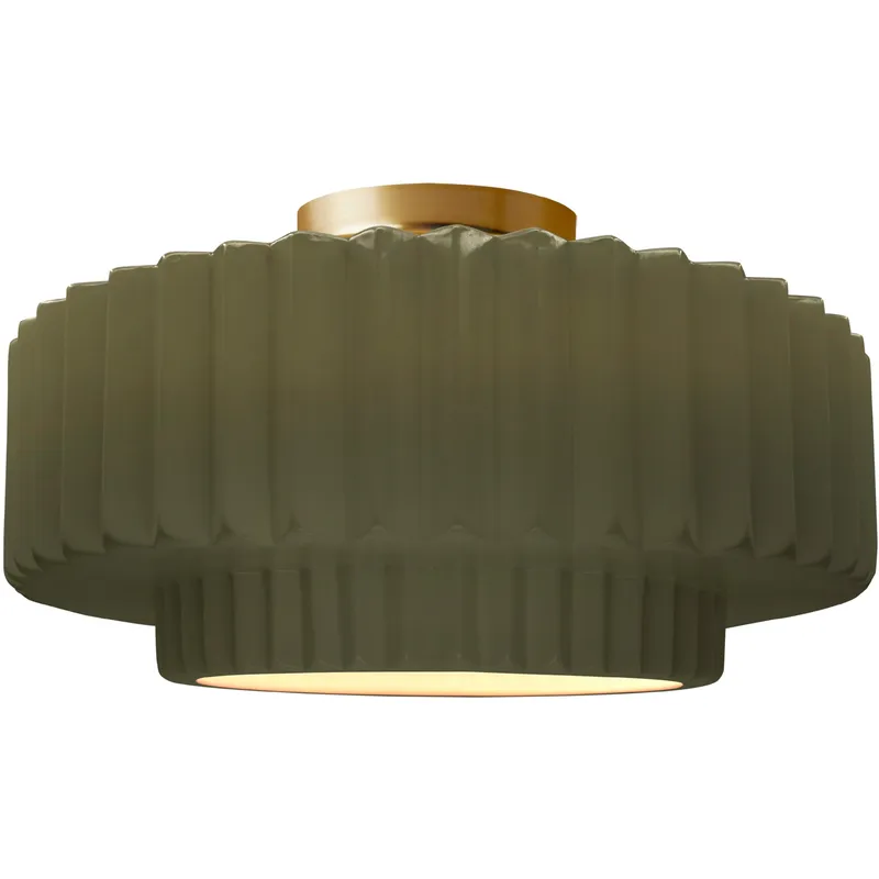 Radiance Collection - Pleated Tier LED 16.5 inch Matte Green and Brushed Brass Semi-Flush Ceiling Light in Dedicated LED, 16.5W x 8H, Form+Finish+Function