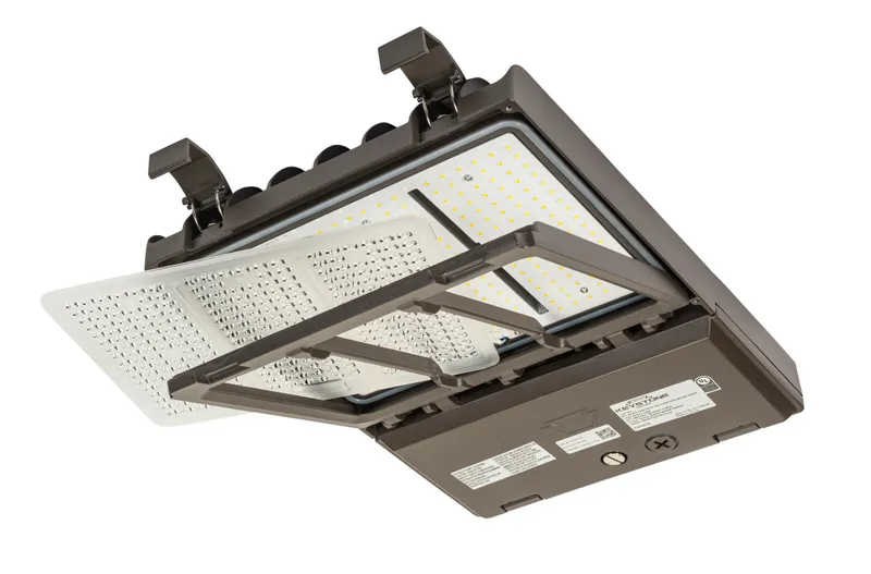 140W Power Select Color Select LED Area Light with NEMA Type 3-pin Twist Lock Receptacle + Shorting Cap. Series 2 Medium Housing. Optics Selectable A (Type III and V). 277-480V Input. 0-10V Dimmable. Standard Bronze Housing.