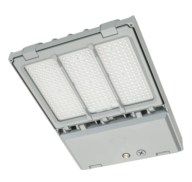 290W Power Select Color Select LED Area Light with NEMA Type 3-pin Twist Lock Receptacle + Shorting Cap. Series 2 Large Housing. Optics Selectable A (Type III and V). 120-277V Input. 0-10V Dimmable. Silver Housing.