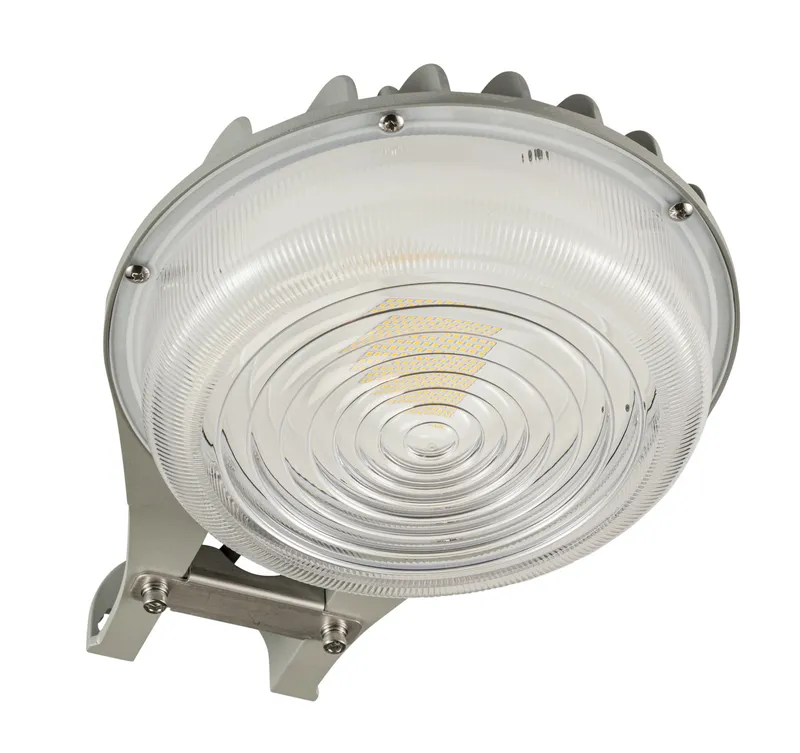 40W Dusk to Dawn LED Area Light. 120-277V Input, 5000K, Includes NEMA Type 3-pin Twist Lock Photocell, Type V Optics, 0-10V Dimmable. Standard Gray Housing