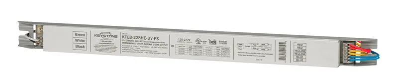 1 or 2x F28T5HE (also 1/2 F14T5 or 1/2 F21T5). Multivolt 120-277V, 90C Case Temp. Program Start, With Leads. Electronic.