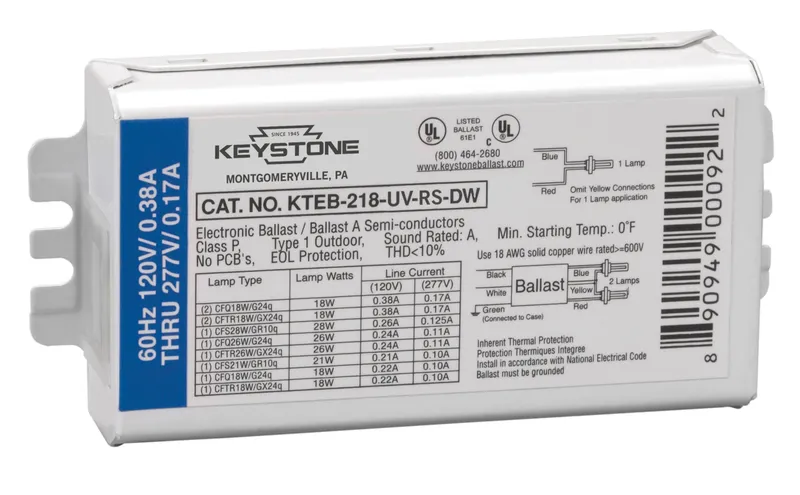 1 or 2x 18W 4-pin CFL, Rapid Start, 120-277V, No Studs, No leads, side & bottom poke-in Connectors, Electronic