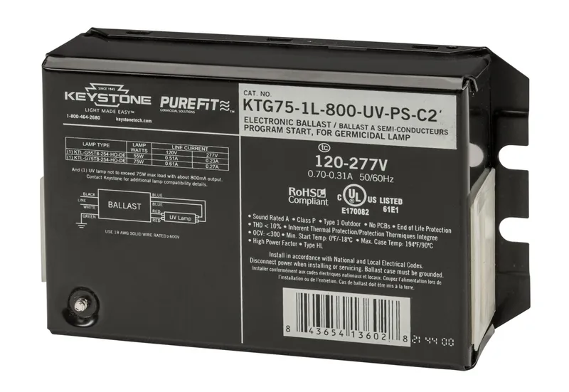 Ballast for UV-C Lamps. 120-277V input. Design to run 1 lamp not to exceed 75W Max Load. ~800mA Output. Large Compact Case Style