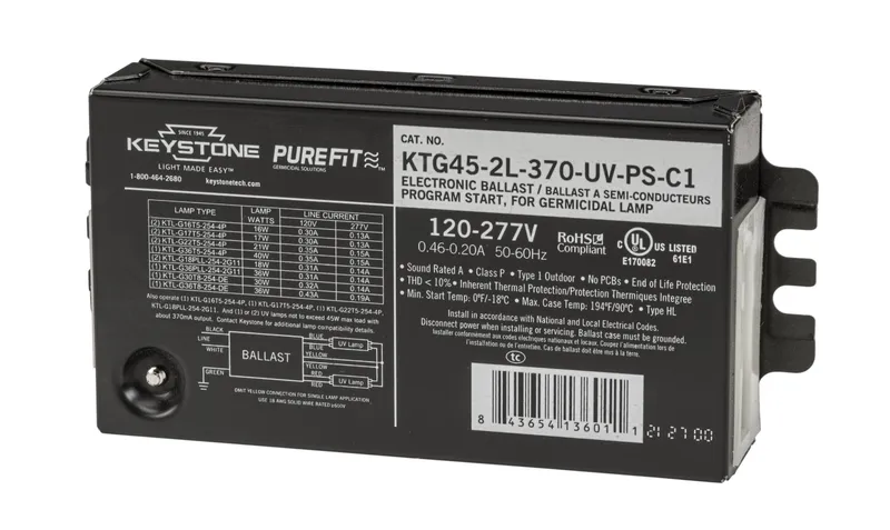 Ballast for UV-C Lamps. 120-277V input. Design to run 1 or 2 lamps not to exceed 45W Max Load. ~370mA Output. Compact Case Style
