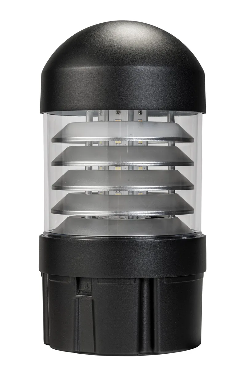 Louver reflector dome top bollard head. Power Select 24/19/14W. Color Select 30/40/50K. Built-in photocell. 120-277V input. Black. Used on KT-BLED-6R-UNV-KIT-B bollard base