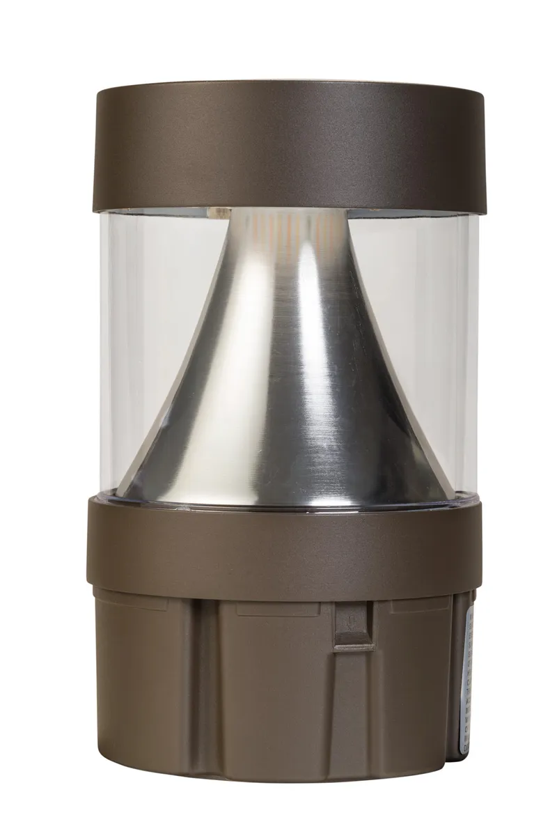 Cone reflector flat top bollard head. Power Select 24/19/14W. Color Select 30/40/50K. Built-in photocell. 120-277V input. Bronze. Used on KT-BLED-6R-UNV-KIT bollard base