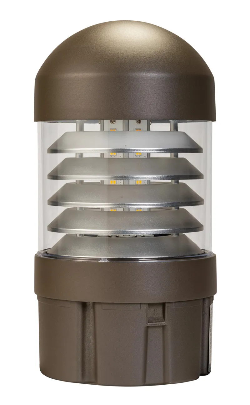 Louver reflector dome top bollard head. Power Select 24/19/14W. Color Select 30/40/50K. Built-in photocell. 120-277V input. Bronze. Used on KT-BLED-6R-UNV-KIT bollard base
