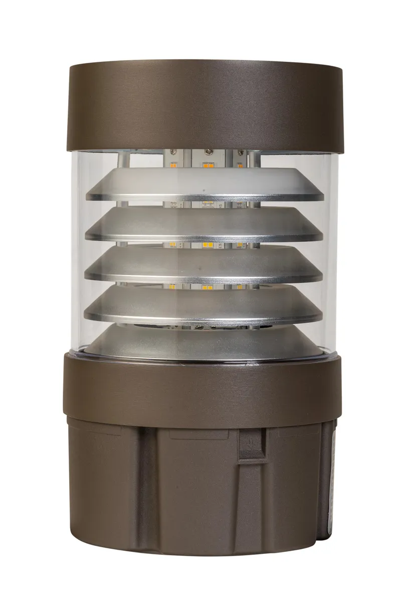 Louver reflector flat top bollard head. Power Select 24/19/14W. Color Select 30/40/50K. Built-in photocell. 120-277V input. Bronze. Used on KT-BLED-6R-UNV-KIT bollard base