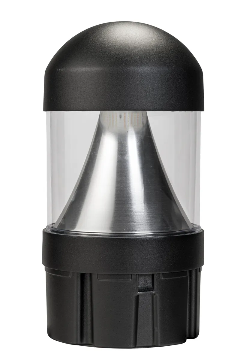 Cone reflector dome top bollard head. Power Select 24/19/14W. Color Select 30/40/50K. Built-in photocell. 120-277V input. Black. Used on KT-BLED-6R-UNV-KIT-B bollard base