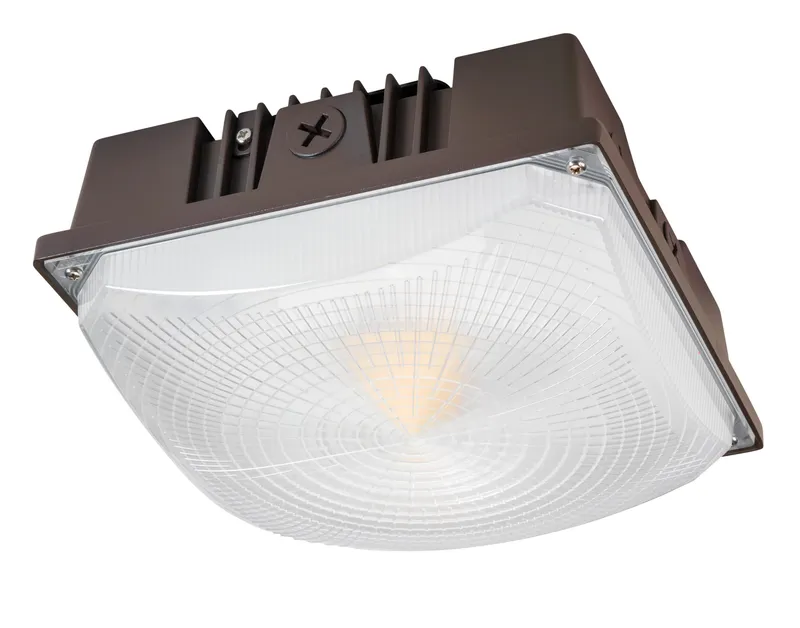 40/30/20W Power Select LED Canopy. Color Select 3000/4000/5000K. Built in Photocell. Microwave Sensor Receptacle. 8" Square Housing. 120-277V Input. 160° Beam Angle. Bronze