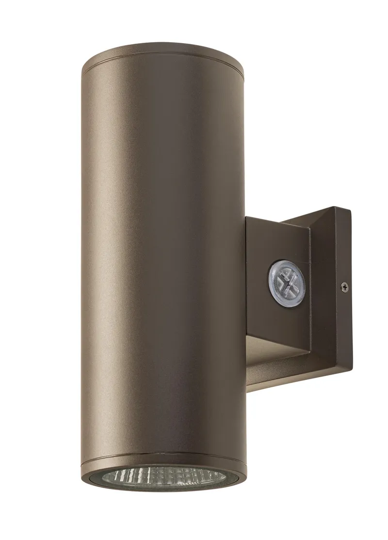 4in wall mount cylinder. Power Select 20/16/12W. Color Select 30/40/50K. Built-in photocell. 120-277V input. Direct and indirect optional. Includes 25deg, 40deg, and 60deg reflectors. Bronze