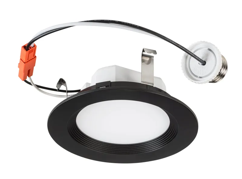 4" LED Regressed Baffled Wafer Downlight Retrofit | Black Trim | Power Select 10/8/6W | Color Select 2700/3000/3500/4000/5000K | TRIAC Dimming | Quick Disconnect E26 Base
