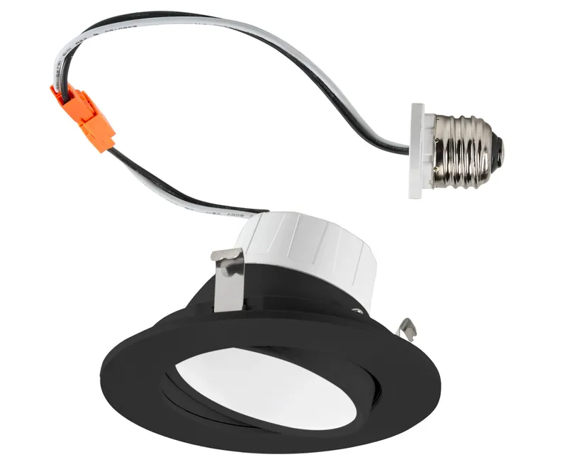 4" Circular LED Residential Retrofit Gimbal | Black Trim | 8W | Color Select 2700/3000/3500/4000/5000K | TRIAC Dimming | Quick Disconnect E26 Base