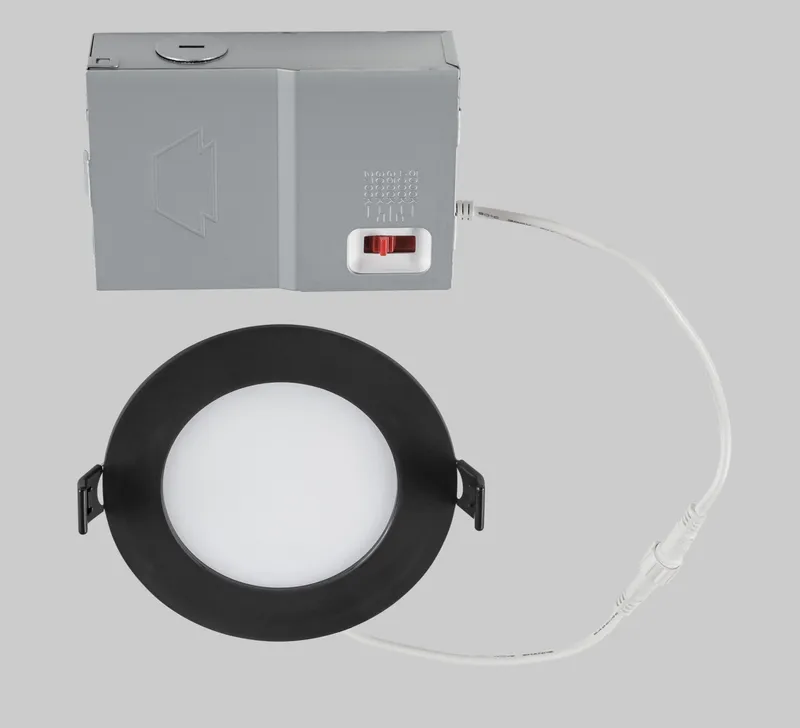 4in Circular LED Slim Wafer Downlight feat. Color Select, 9W, 2700/ 3000/ 3500/ 4000/ 5000K, 90CRI, 120V Input, Phase Dimming, Remote Driver, Black Housing