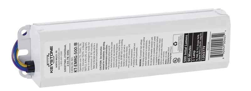 Emergency Ballast for T12/T8 lamps. 120/277V input, 500 Lumen, 90 Minutes. With instruction sheet, Test Switch and wiring accessories