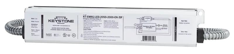 LED Emergency Back-Up, One Piece 20W Constant Wattage Design with Self Diagnositics. Approx 2000 lumens, Dual Flex Cables, 120-277V Input. CEC T20 Compliant. Includes Instructions, Test Switch, Switch Plate Cover, and Wiring Accessories