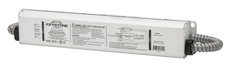 LED Emergency Back-Up for Low Temperature Applications, One Piece 12W Constant Wattage Design, Approx 1200 lumens. Dual Flex Cables, 90 Minute Operation, 120-277V Input. Includes Instruction Sheets, Test Switch, Switch Plate Cover, and Wiring Accessories.