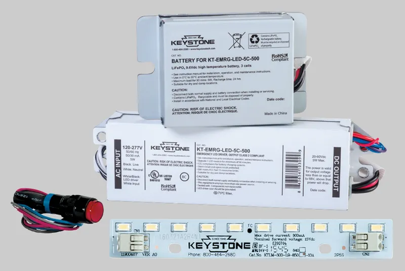 LED Emergency Back-Up Kit, 5W Constant Wattage Driver and .7in x 8in LED Module, Approx 500 Lumens. 120-277V Input. Remote Compact Battery Pack. CEC T20 Compliant. Includes Instructions, Test Switch and Wiring Accessories