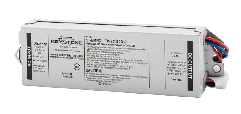 LED Emergency Back-Up - 2-hour Operation, 9W Constant Wattage Design. Approx 900 Lumens. 120-277V Input. Remote Compact Battery Pack. CEC T20 Compliant. . Includes Instructions, Test Switch and Wiring Accessories.