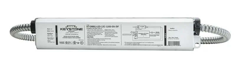 LED Emergency Back-Up, One Piece 12W Constant Wattage Design, Approx 1200 Lumens. Dual Flex Cables, 90 Min Operation, 120-277V Input. CEC T20 Compliant. Includes Instruction Sheets, Test Switch, Switch Plate Cover, and Wiring Accessories