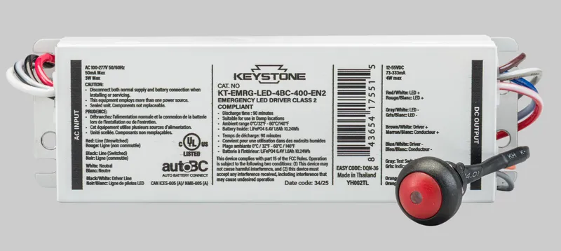 LED Emergency Back-Up, One Piece 4W Constant Wattage Design, Approx 400 Lumens, 90 Min Operation, 120-277V Input. Auto Battery Connect. CEC T20 Compliant, Includes Instruction Sheets, Test Switch, & Wiring Accessories