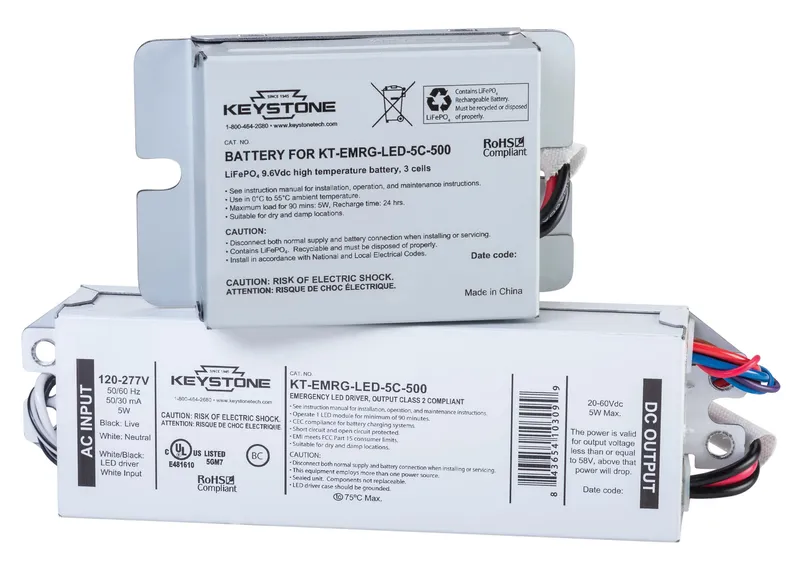 LED Emergency Back-Up, 5W Constant Wattage Design. Approx 500 Lumens. 120-277V Input. Remote Compact Battery Pack. CEC T20 Compliant. Includes Instructions, Test Switch and Wiring Accessories.