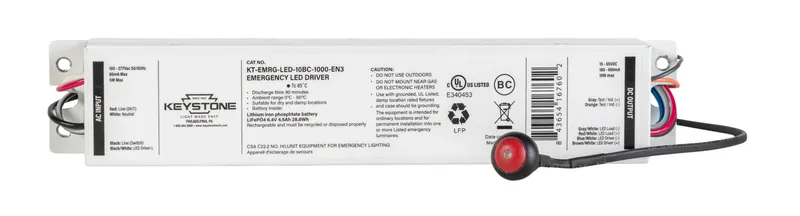 LED Emergency Back-Up Driver | Constant Power | 10W | Standard Case | 15-55V Output | Approx 1000 Lumens | 90 Min Operation | 120-277Vac Input | CEC T20 Compliant | Double-Ended Wiring Leads | Single Piece Case (Battery Integrated) | 9.45 x 1.77 x 1.18 in