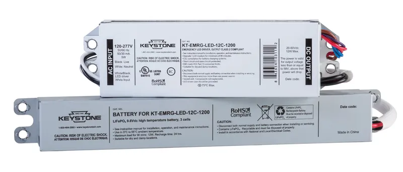 LED Emergency Back-Up, 12W Constant Wattage Design. Approx 1200 Lumens. 120-277V Input. Remote Compact Battery Pack. CEC T20 Compliant. Includes Instructions, Test Switch and Wiring Accessories.