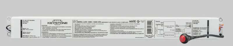 LED Emergency Back-Up, One Piece 14W Constant Wattage Design, Approx 1400 Lumens, 90 Min Operation, 120-277V Input. Auto Battery Connect. CEC T20 Compliant, Includes Instruction Sheets, Test Switch, Switch Plate Cover, & Wiring Accessories