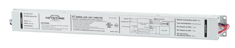 LED Emergency Back-Up, One Piece 14W Constant Wattage Design, Approx 1400 Lumens, 90 Min Operation, 120-277V Input. CEC T20 Compliant. Includes Instruction Sheets, Test Switch, Switch Plate Cover, and Wiring Accessories