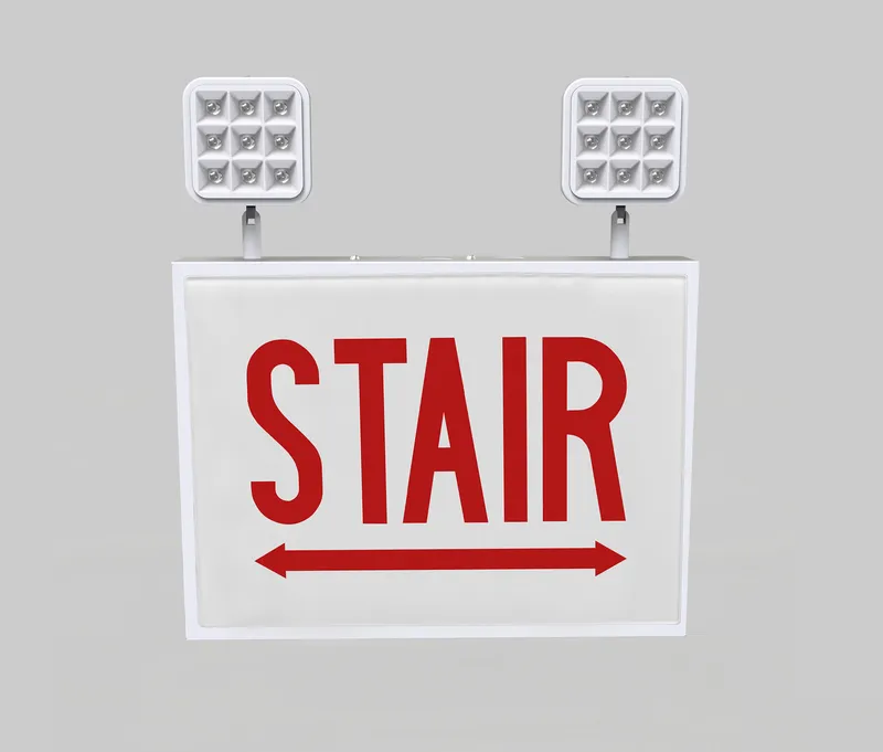 Exit Combo | Steel | Chicago Compliant | Style 1 | White Color | Single Facing | Red Lettering | 6500K Dual Heads | Surface Mount | 120-277 Vac Input | Emergency Battery Backup | High Lumen Output | Additional Faceplate Included: STAIR DOUBLE ARROW