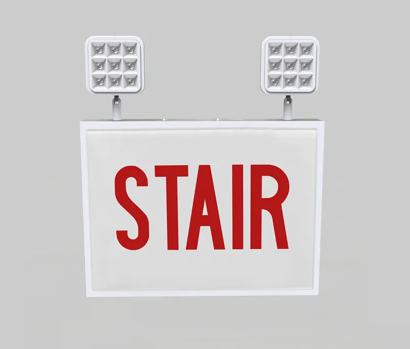 Exit Combo | Steel | Chicago Compliant | Style 1 | White Color | Single Facing | Red Lettering | 6500K Dual Heads | Surface Mount | 120-277 Vac Input | Emergency Battery Backup | High Lumen Output | Additional Faceplate Included: STAIR