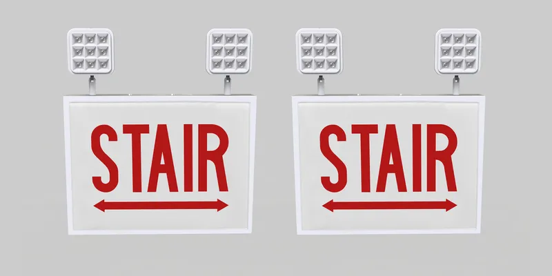 Exit Combo | Steel | Chicago Compliant | Style 1 | White Color | Single Facing | Red Lettering | 6500K Dual Heads | Surface Mount | 120-277 Vac Input | Emergency Battery Backup | High Lumen Output | Additional Faceplates Included: STAIR DOUBLE ARROW x2