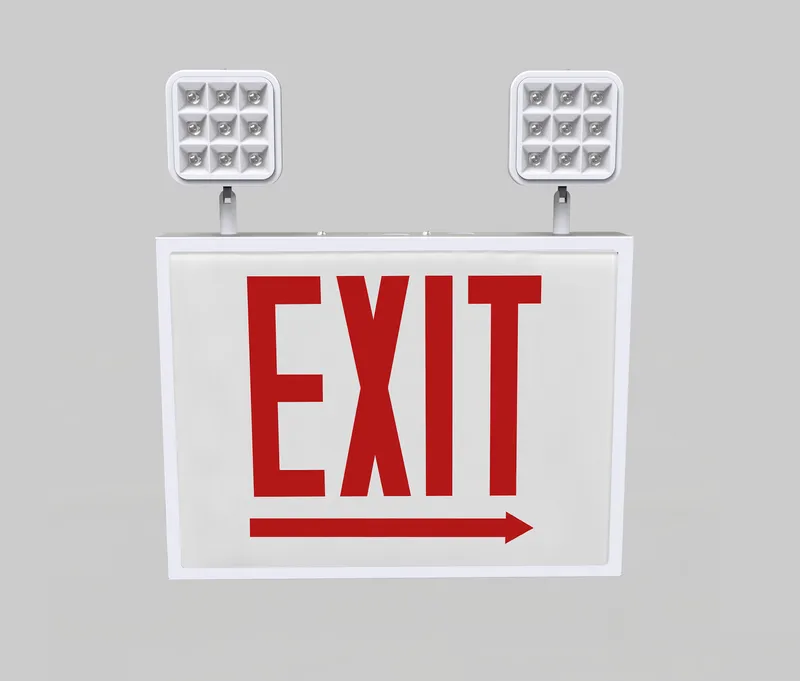 Exit Combo | Steel | Chicago Compliant | Style 1 | White Color | Single Facing | Red Lettering | 6500K Dual Heads | Surface Mount | 120-277 Vac Input | Emergency Battery Backup | High Lumen Output | Additional Faceplate Included: EXIT RIGHT ARROW