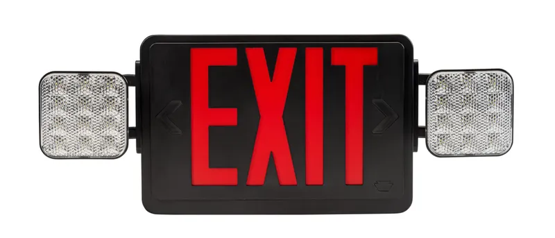 Exit Combo | Thermo Plastic | Style 1 | Black Color | Single or Double Facing | Red or Green Switchable Lettering | 6500K Dual Heads | Surface Mount | 120/277 Vac Input | Emergency Battery Backup