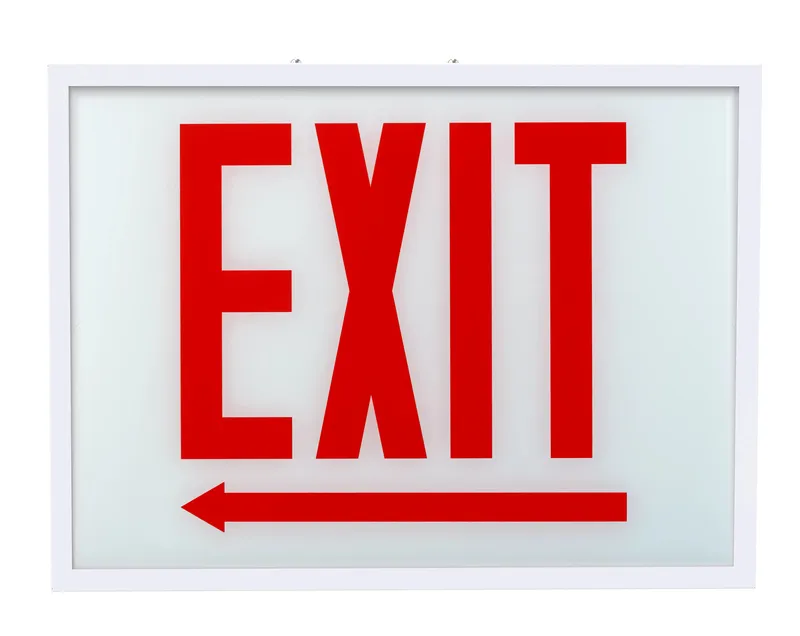 Exit Sign | Steel | Chicago Compliant | Style 1 | White Color | Single Facing | Red Lettering| Surface Mount | 120-277 Vac Input | Emergency Battery Backup | Additional Faceplate Included: EXIT LEFT ARROW