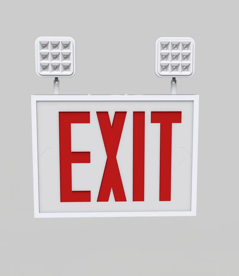 Exit Combo | Steel | Chicago Compliant | Style 1 | White Color | Single Facing | Red Lettering | 6500K Dual Heads | Surface Mount | 120-277 Vac Input | Emergency Battery Backup