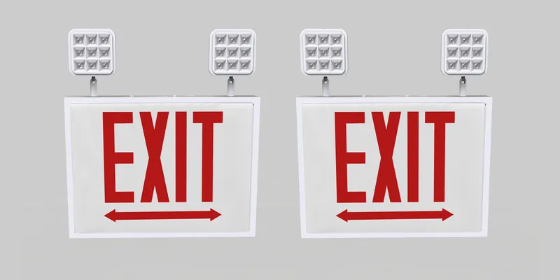 Exit Combo | Steel | Chicago Compliant | Style 1 | White Color | Single Facing | Red Lettering | 6500K Dual Heads | Surface Mount | 120-277 Vac Input | Emergency Battery Backup | High Lumen Output | Additional Faceplates Included: EXIT DOUBLE ARROW x2